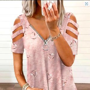 Plus Size Heart Print Zipper Short Sleeve Top, Women's Plus   Sizes 1 XL - 4XL